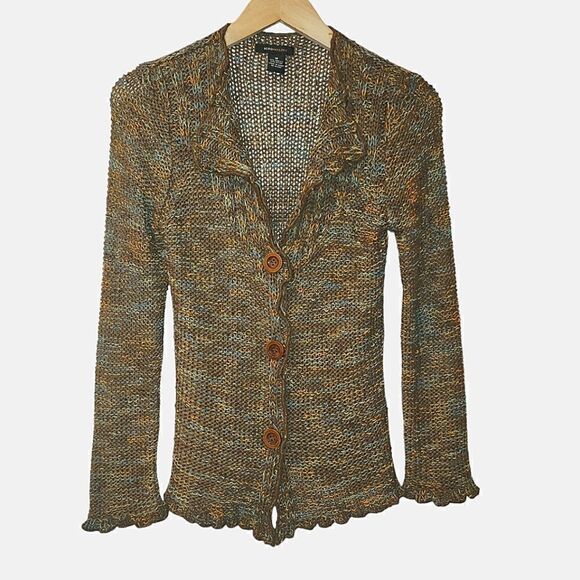 BCBG MAXAZRIA Brown Burnt Orange Chunky Nubby Open Knit Cardigan Sweater M - Picture 1 of 10